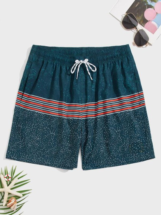Striped Drawstring Swim Shorts With Pocket-Waves And Trunks