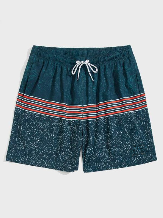 Striped Drawstring Swim Shorts With Pocket-Waves And Trunks