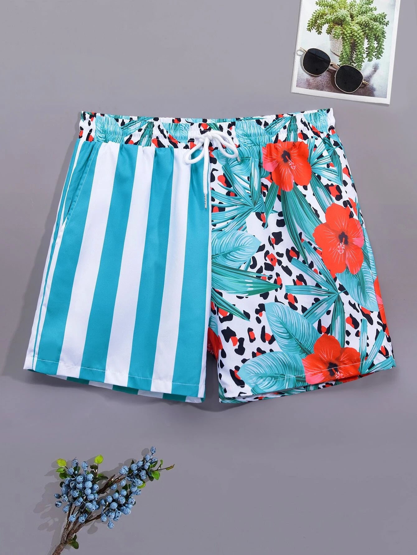 Striped And Tropical Print Swim Shorts-Waves And Trunks