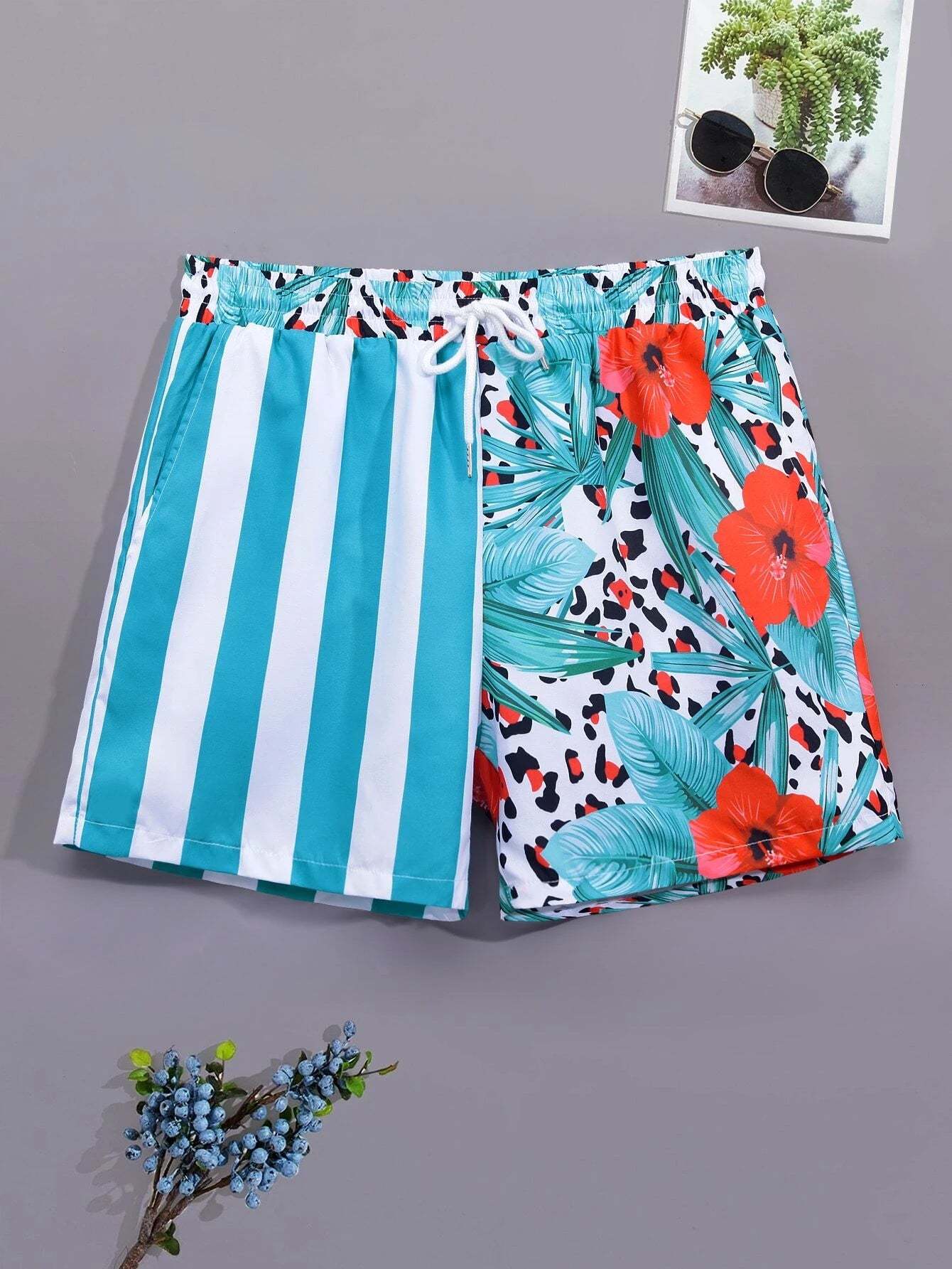 Striped And Tropical Print Swim Shorts-Waves And Trunks