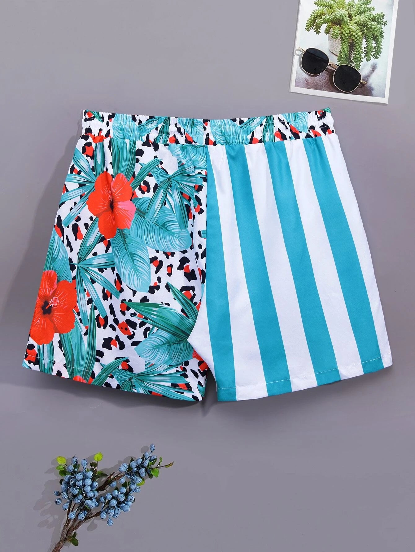 Striped And Tropical Print Swim Shorts-Waves And Trunks