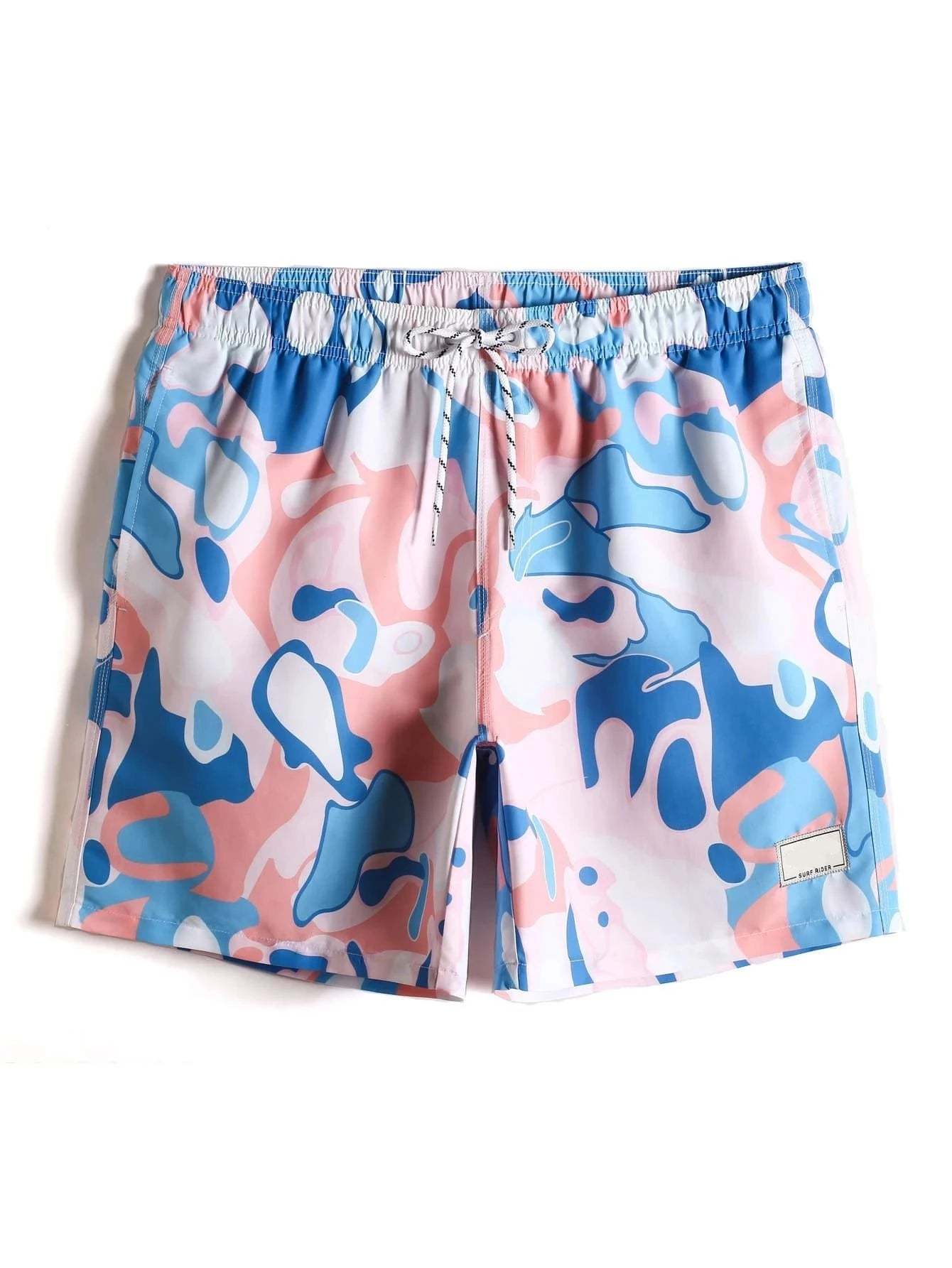 Allover Print Letter Patched Swim Trunks-Waves And Trunks