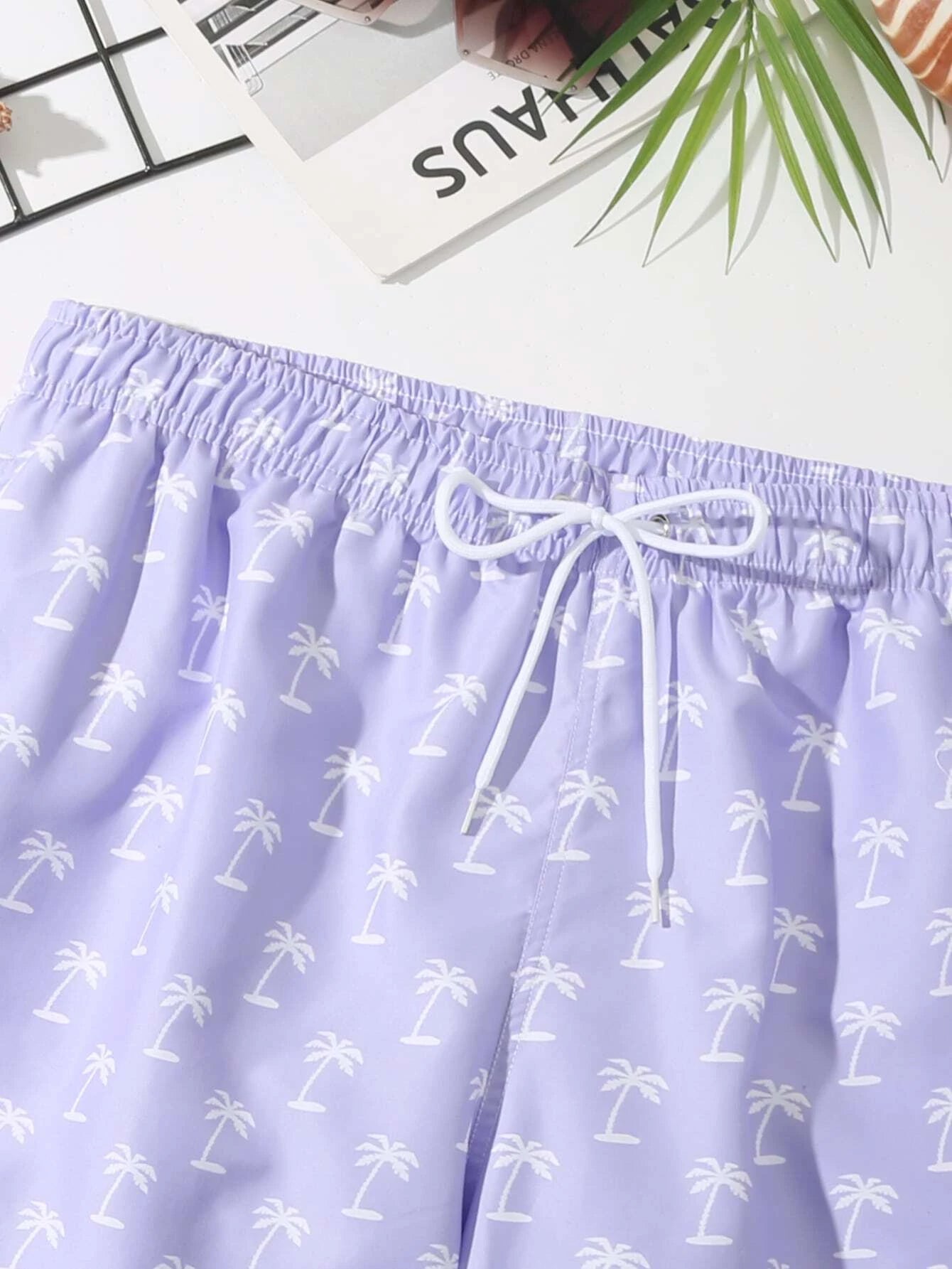 Coconut Tree Print Drawstring Beach Shorts-Waves And Trunks