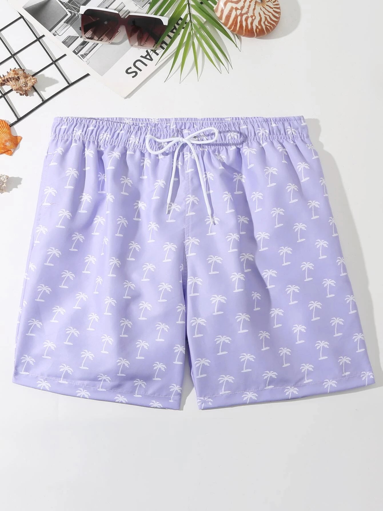 Coconut Tree Print Drawstring Beach Shorts-Waves And Trunks