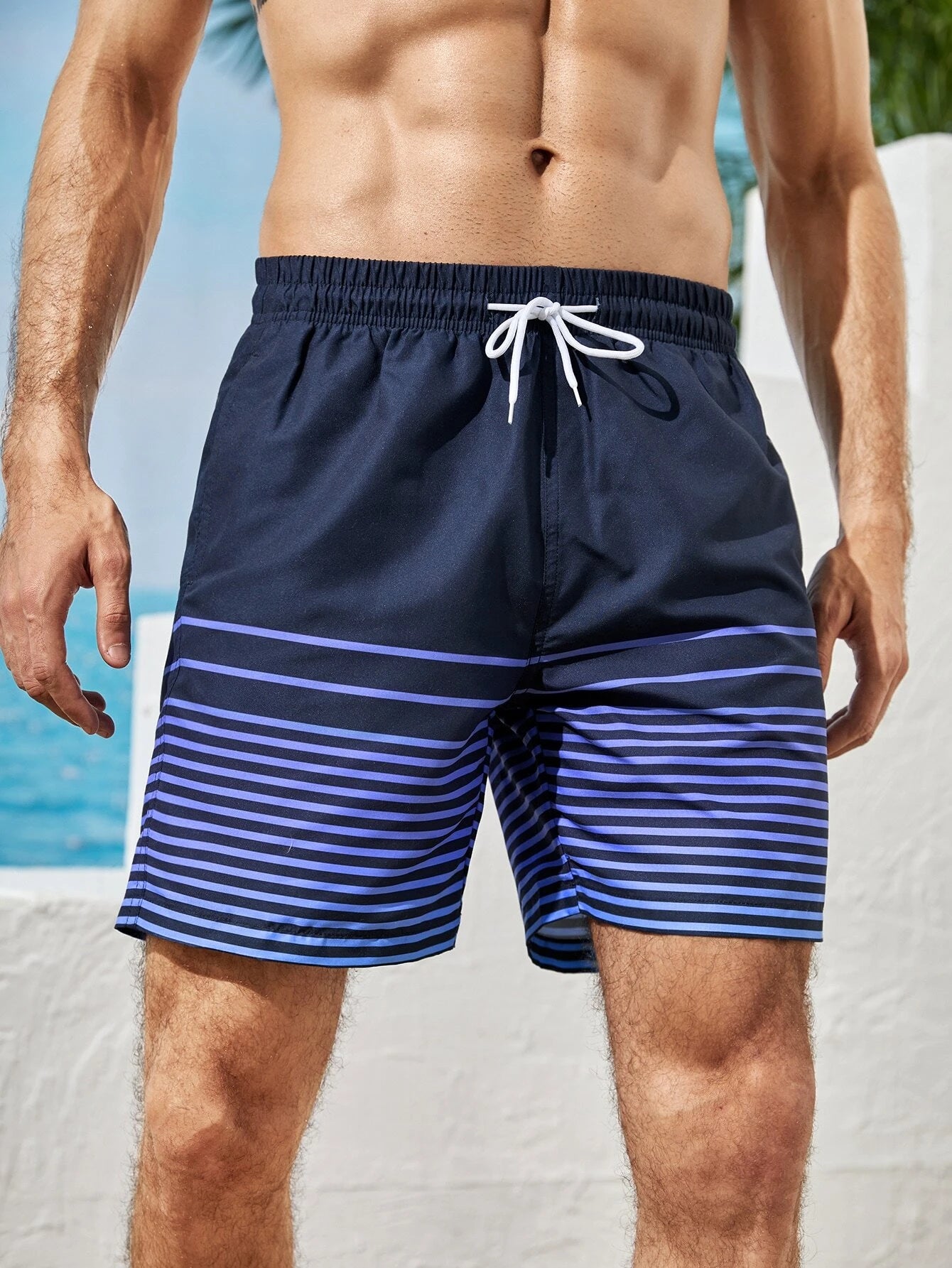 Striped Print Flap Pocket Beach Shorts-Waves And Trunks