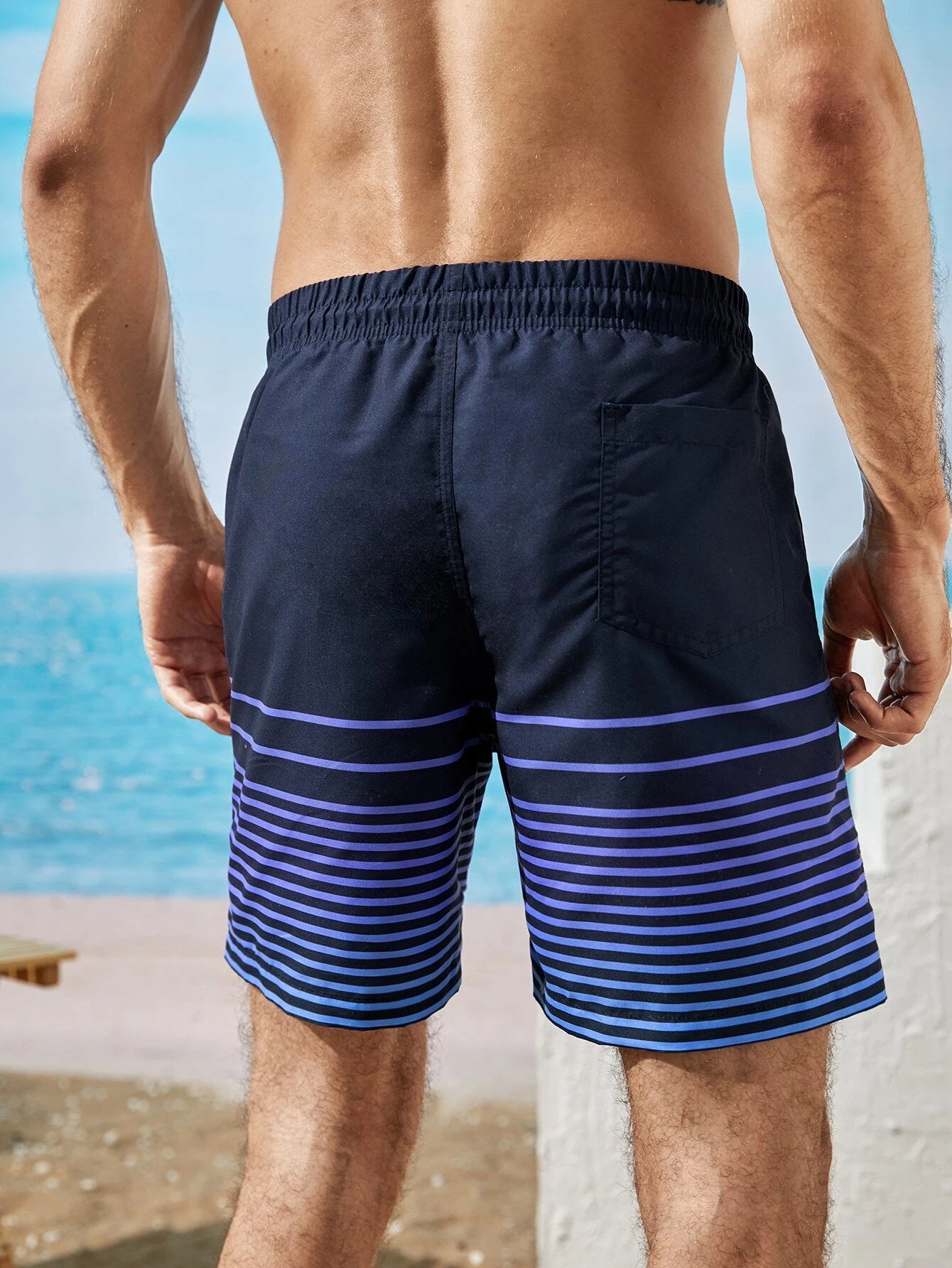 Strips Print Drawstring Waist Swim Shorts-Waves And Trunks