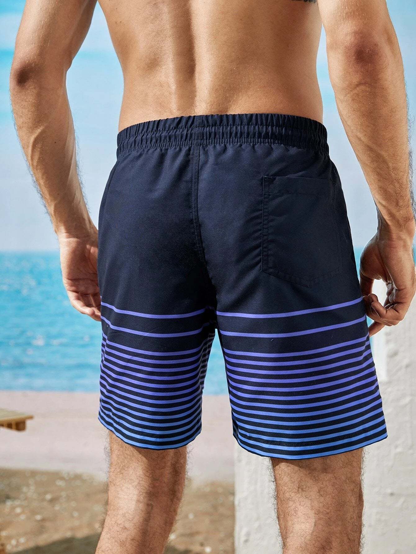 Striped Print Flap Pocket Beach Shorts-Waves And Trunks