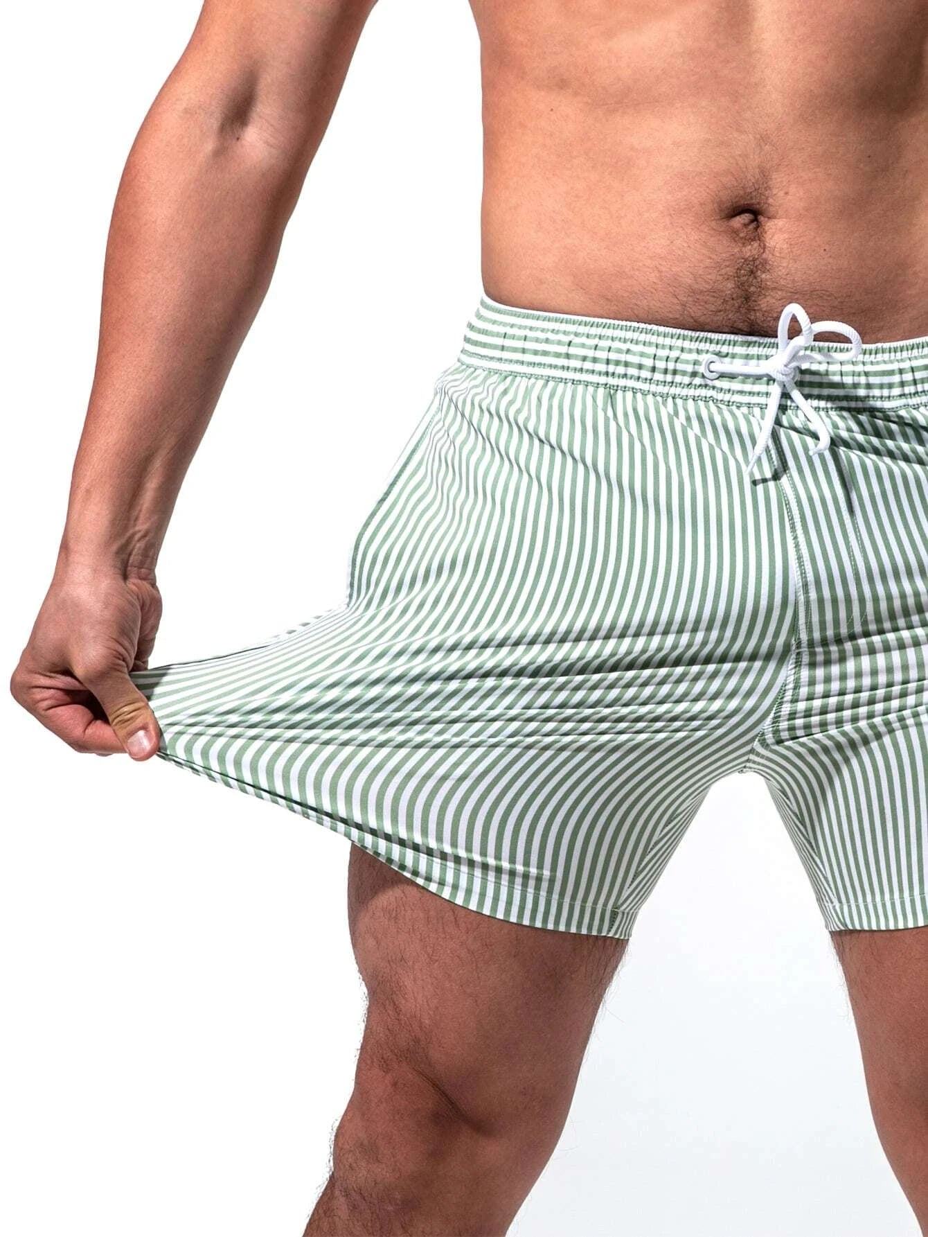 Vertical Striped Drawstring Swim Shorts-Waves And Trunks