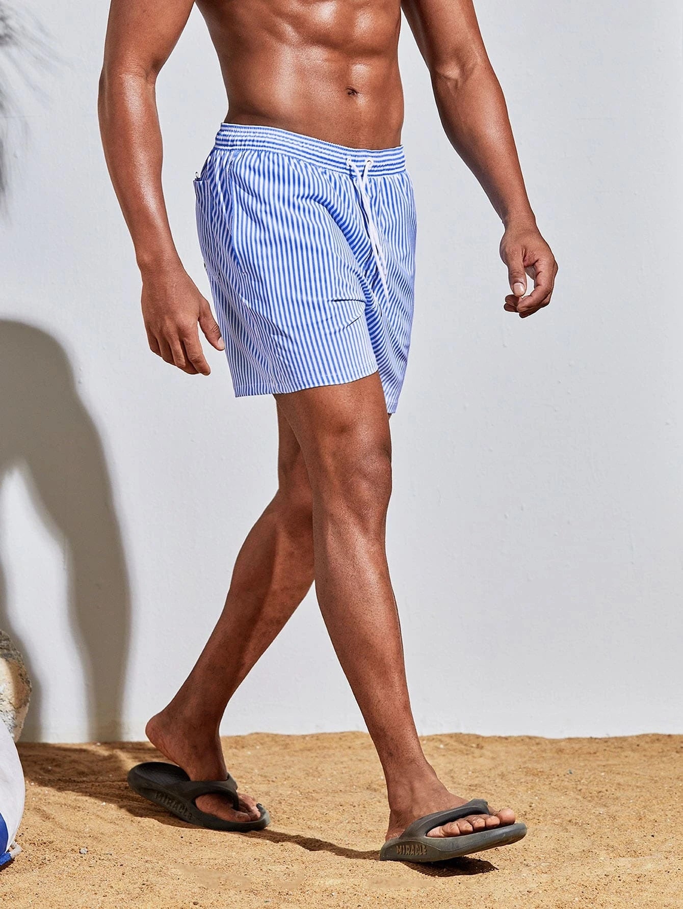 Vertical Striped Drawstring Swim Shorts-Waves And Trunks