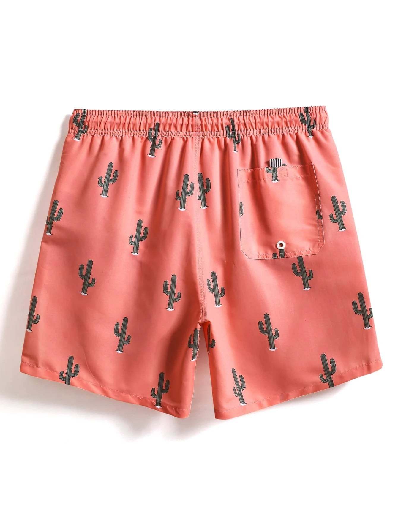 Cactus Printed Drawstring Waist Swim Trunks-Waves And Trunks