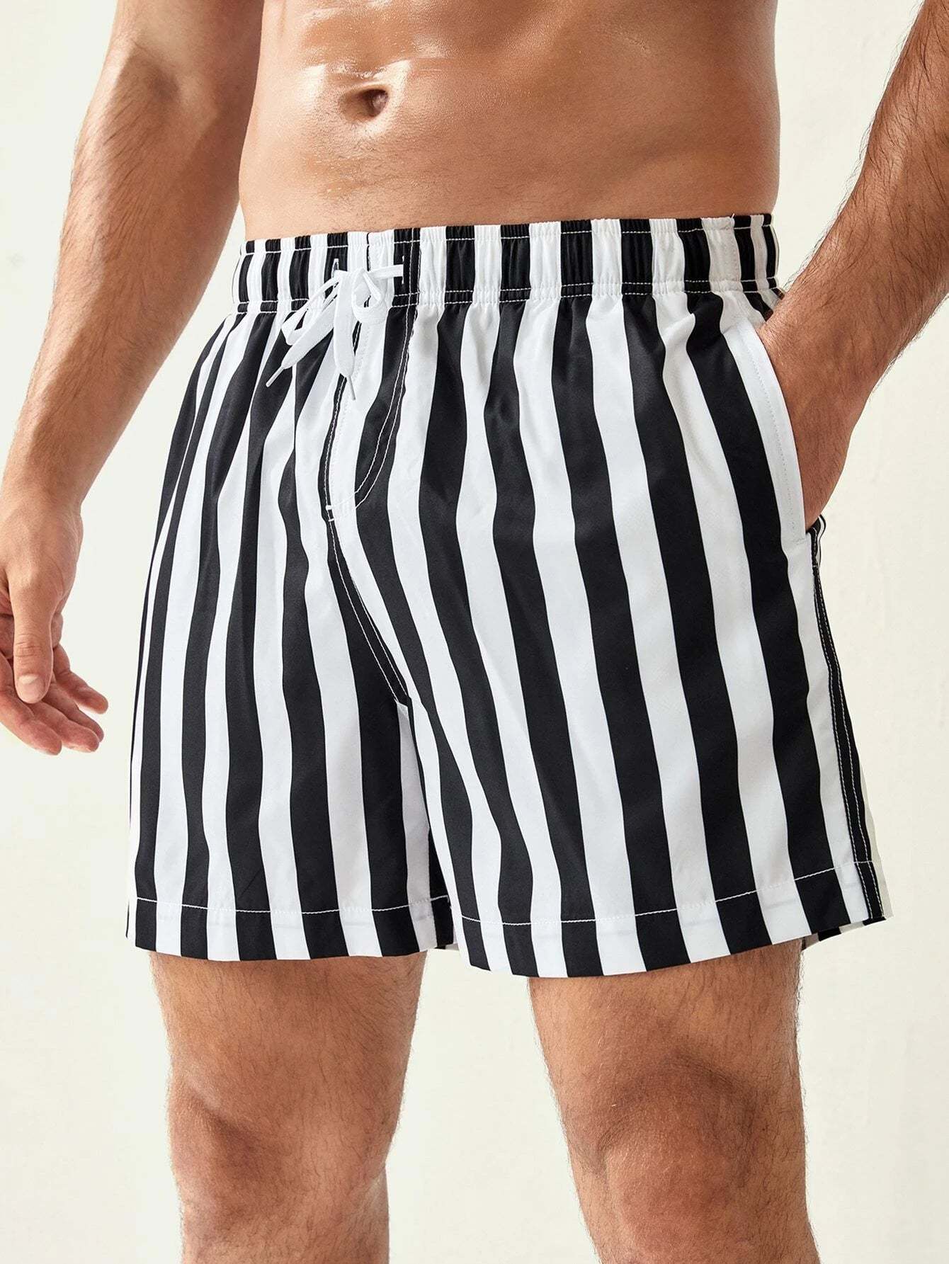 Striped Pattern Drawstring Waist Swim Shorts-Waves And Trunks