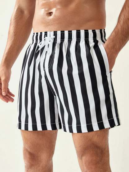 Striped Pattern Drawstring Waist Swim Shorts-Waves And Trunks