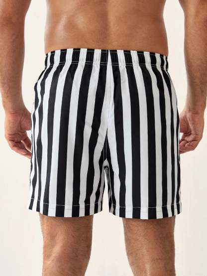 Striped Pattern Drawstring Waist Swim Shorts-Waves And Trunks