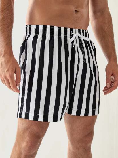 Striped Pattern Drawstring Waist Swim Shorts-Waves And Trunks