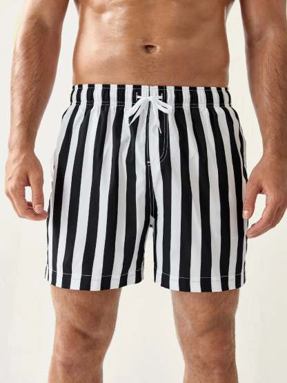 Striped Pattern Drawstring Waist Swim Shorts-Waves And Trunks