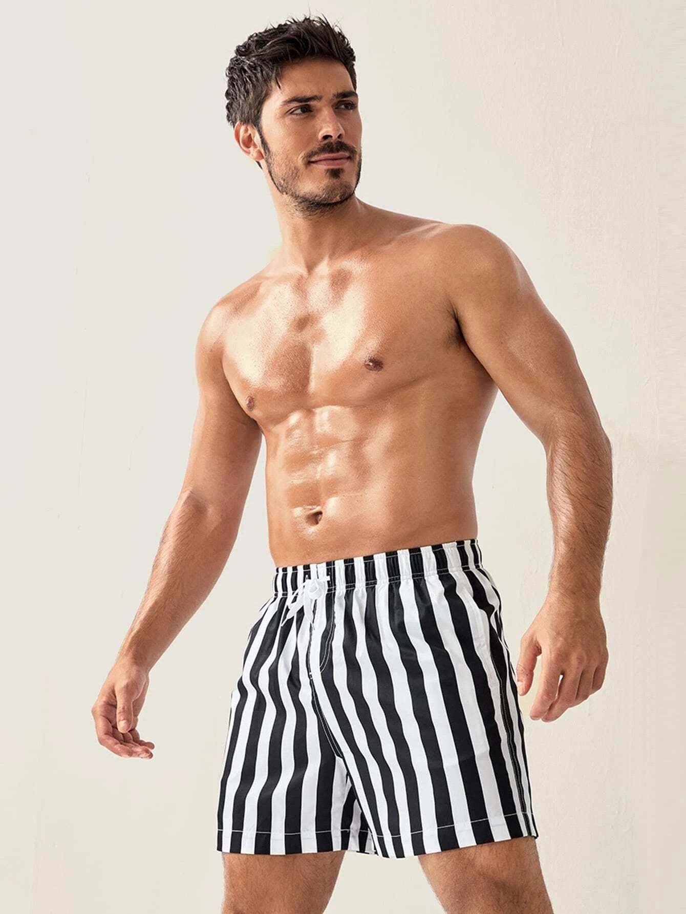 Striped Pattern Drawstring Waist Swim Shorts-Waves And Trunks