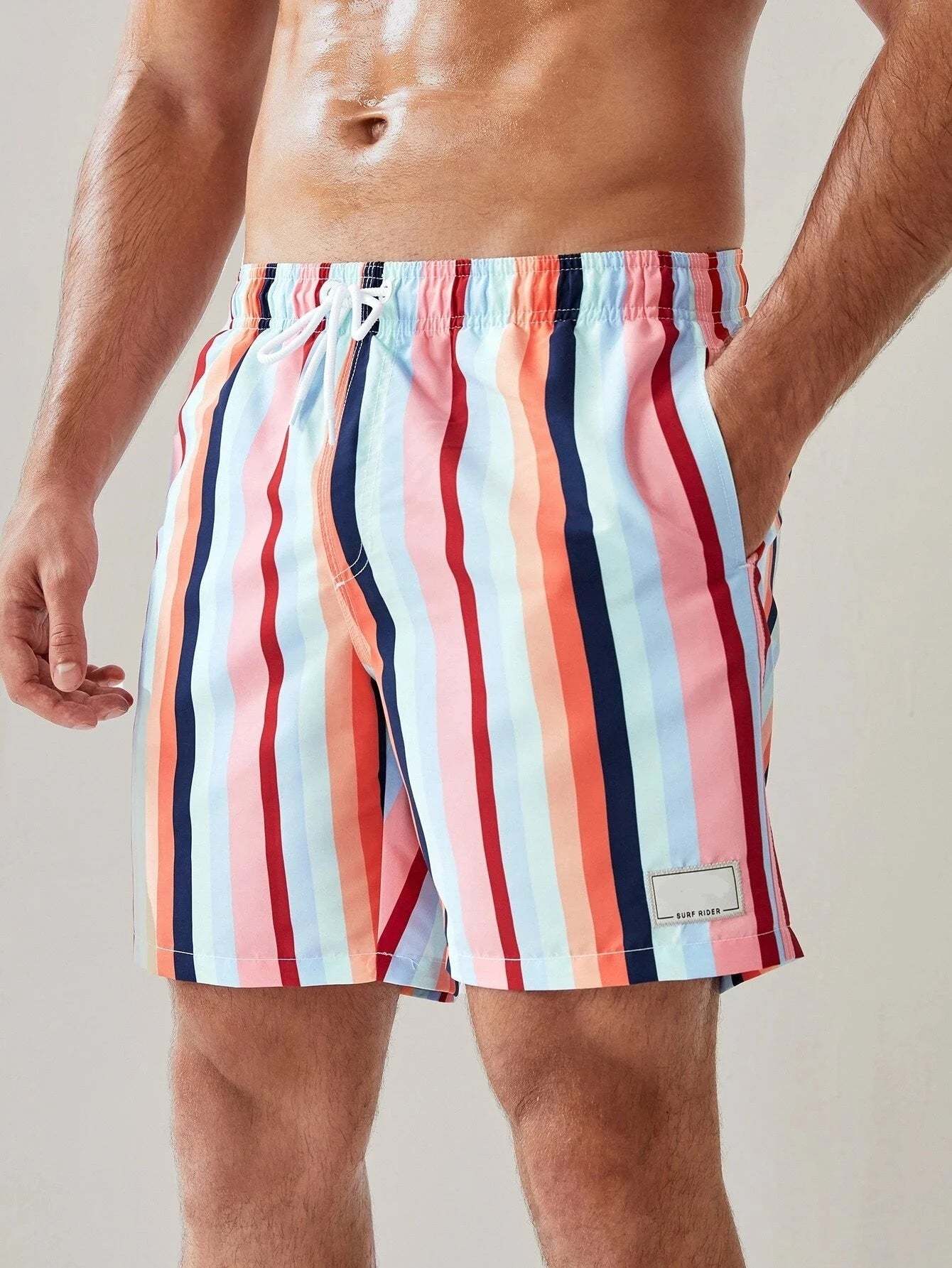 Colorful Striped Swim Shorts With Pocket-Waves And Trunks