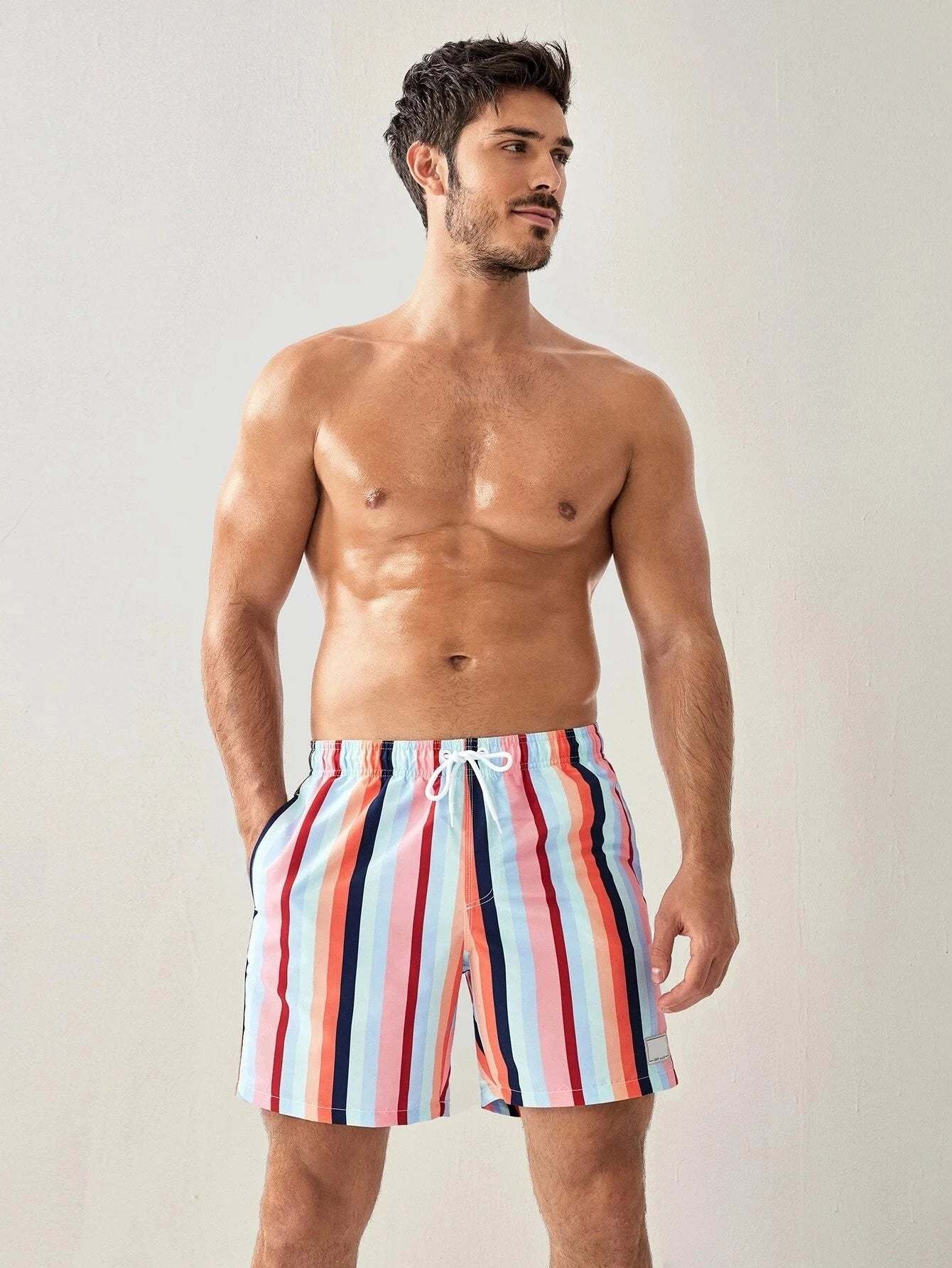 Colorful Striped Swim Shorts With Pocket-Waves And Trunks