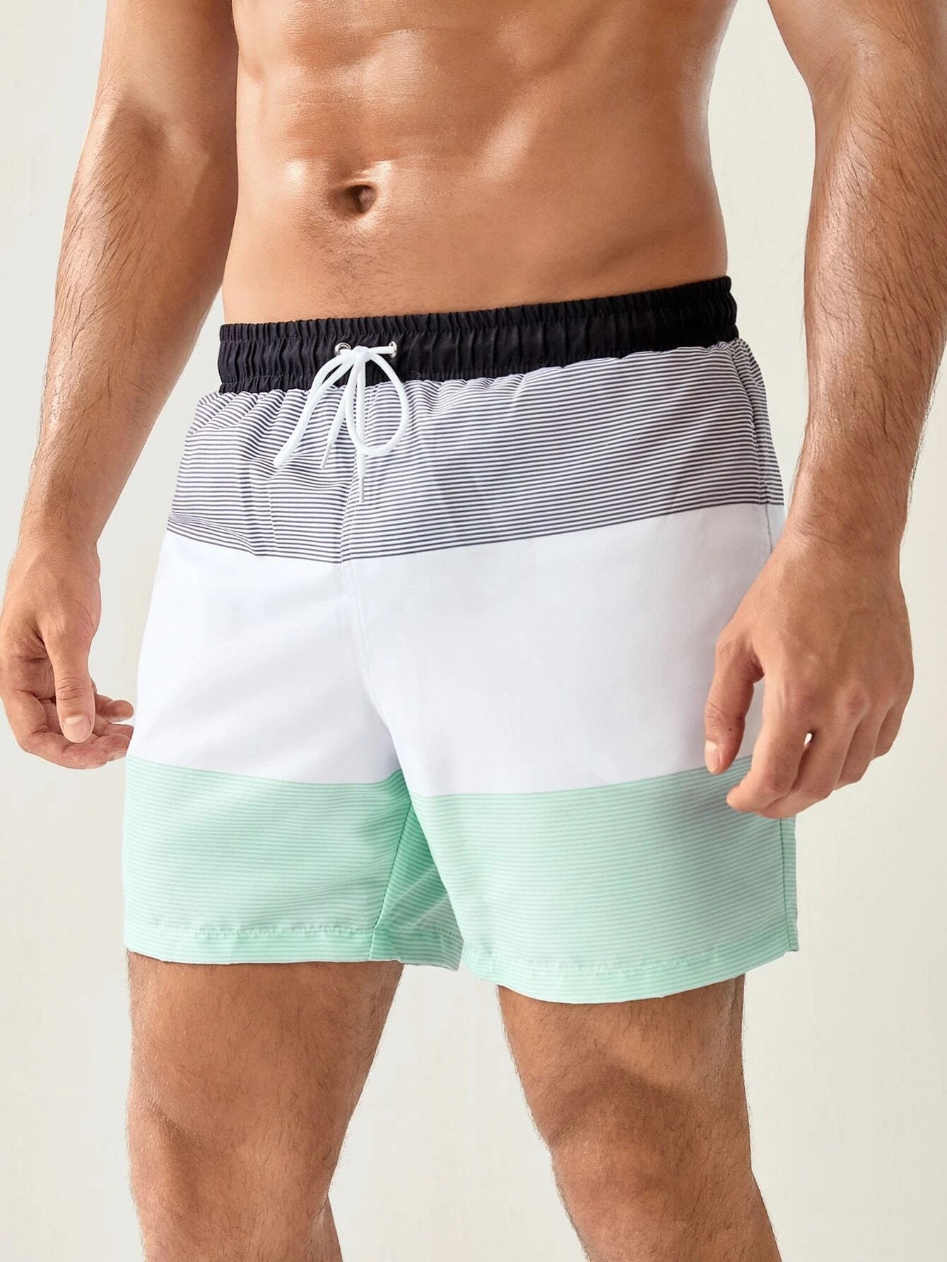 Three Tone Striped Print Swim Shorts-Waves And Trunks