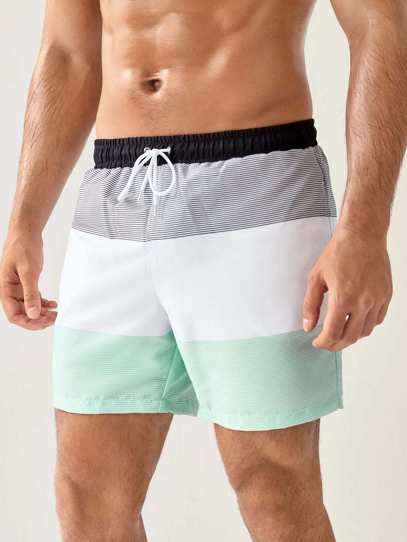 Three Tone Striped Print Swim Shorts-Waves And Trunks