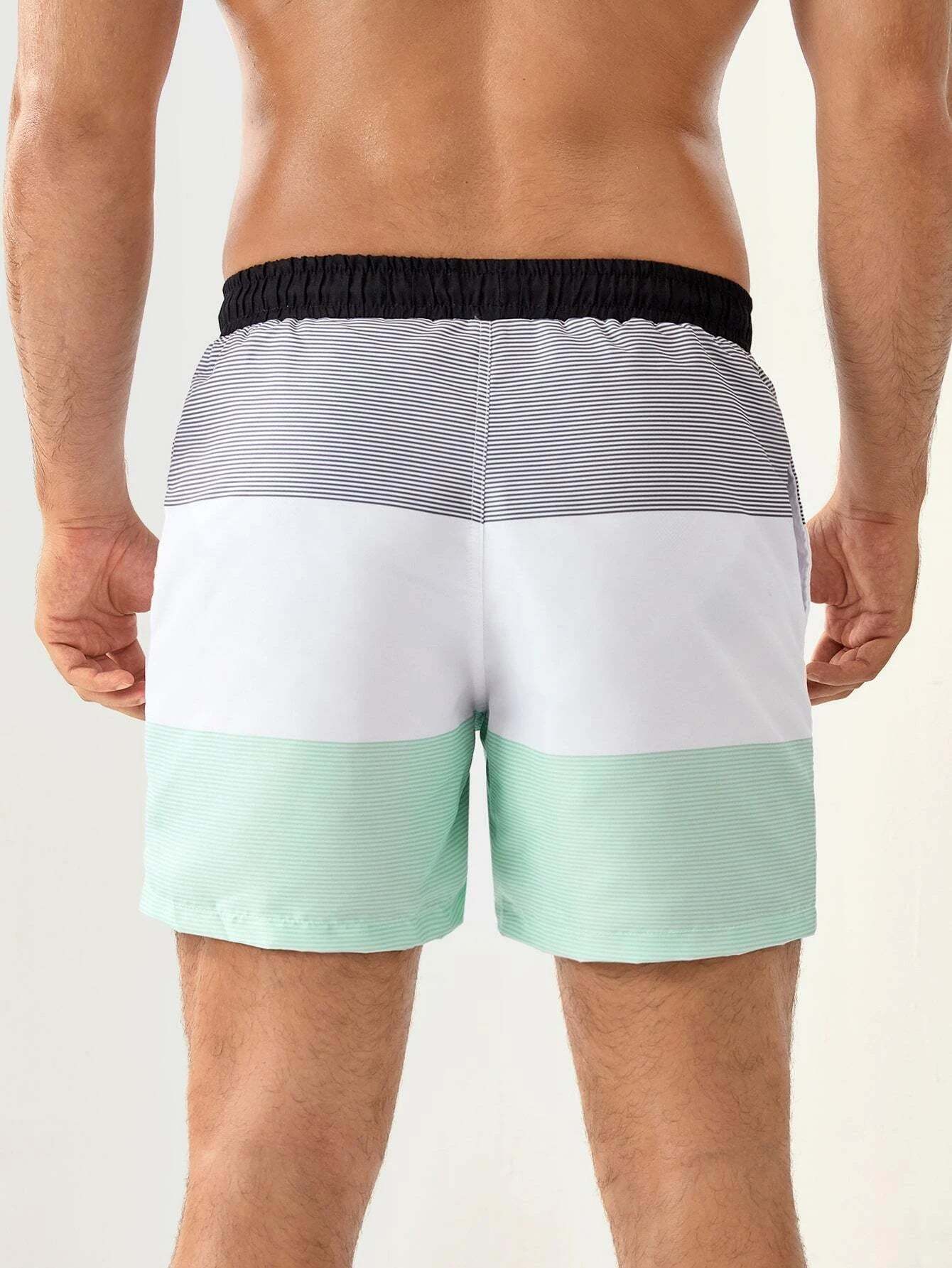 Three Tone Striped Print Swim Shorts-Waves And Trunks