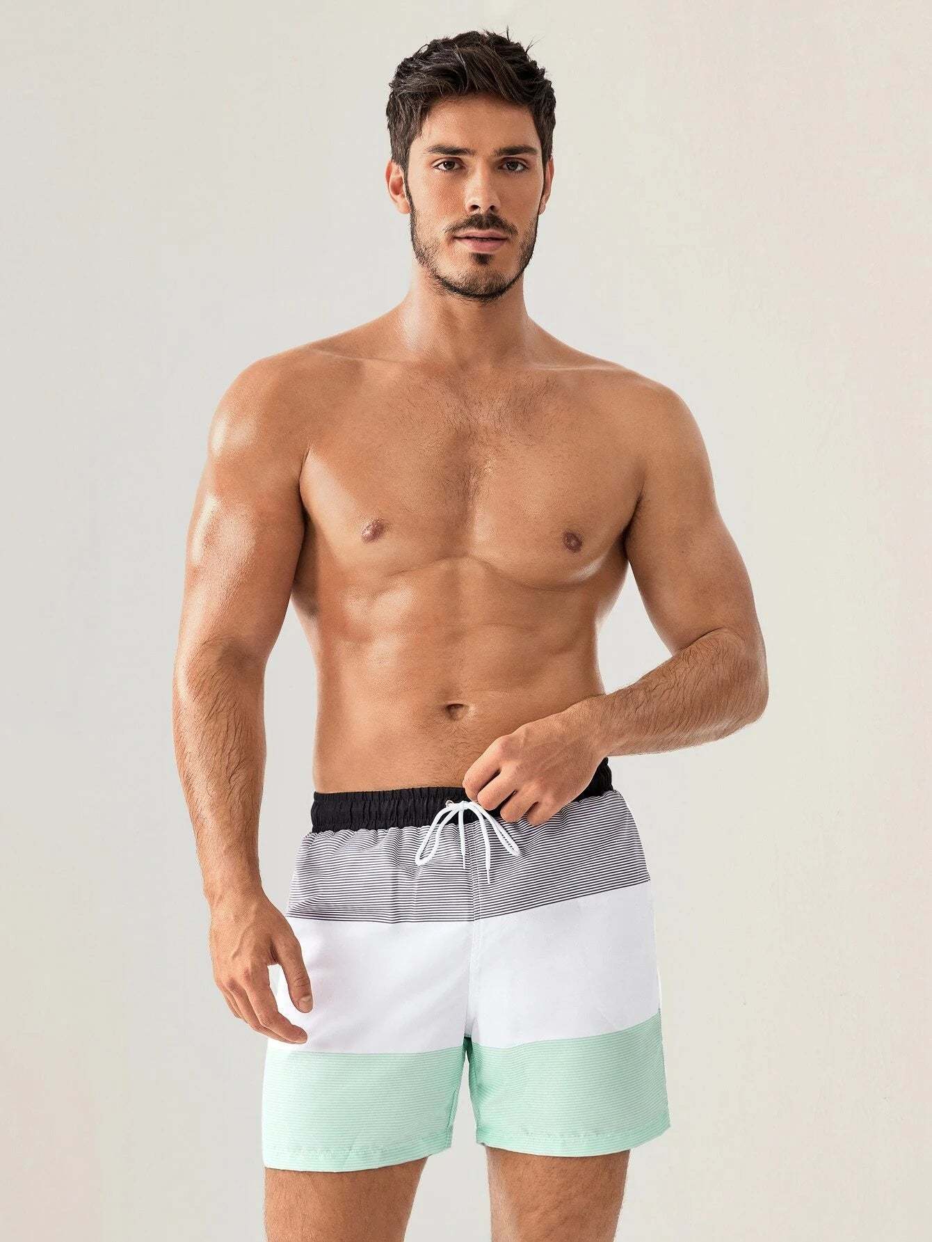 Three Tone Striped Print Swim Shorts-Waves And Trunks