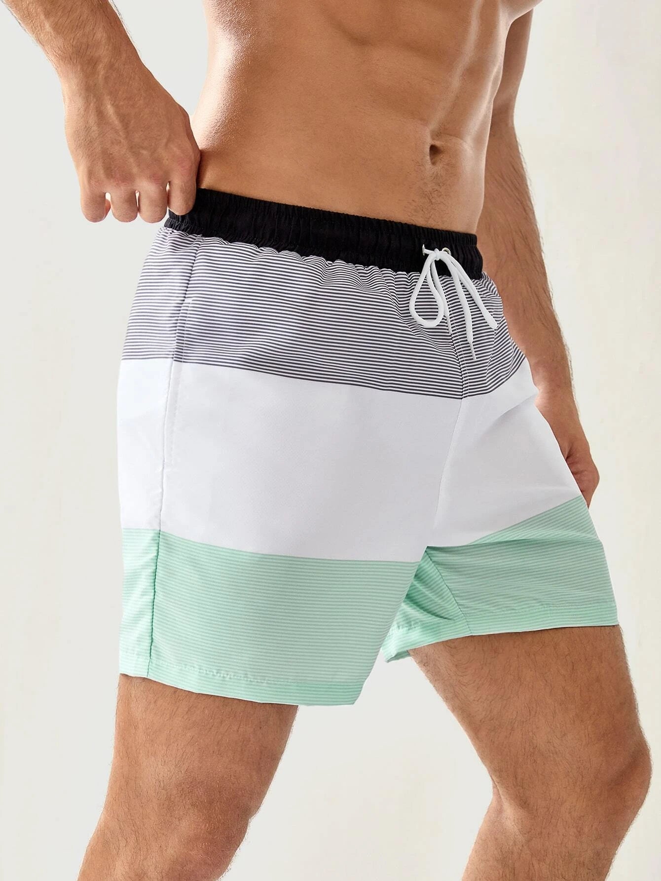 Three Tone Striped Print Swim Shorts-Waves And Trunks
