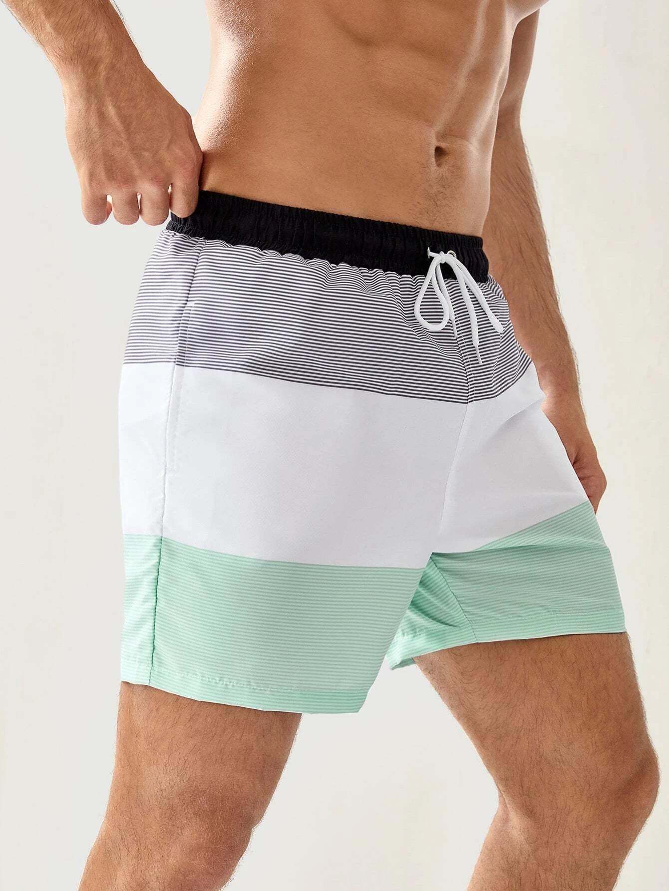 Three Tone Striped Print Swim Shorts-Waves And Trunks