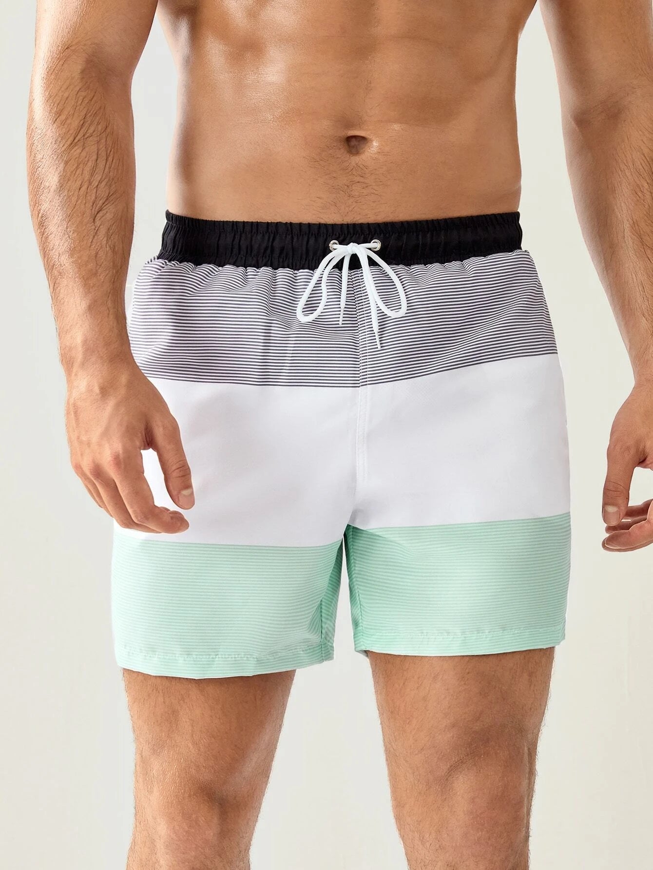 Three Tone Striped Print Swim Shorts-Waves And Trunks