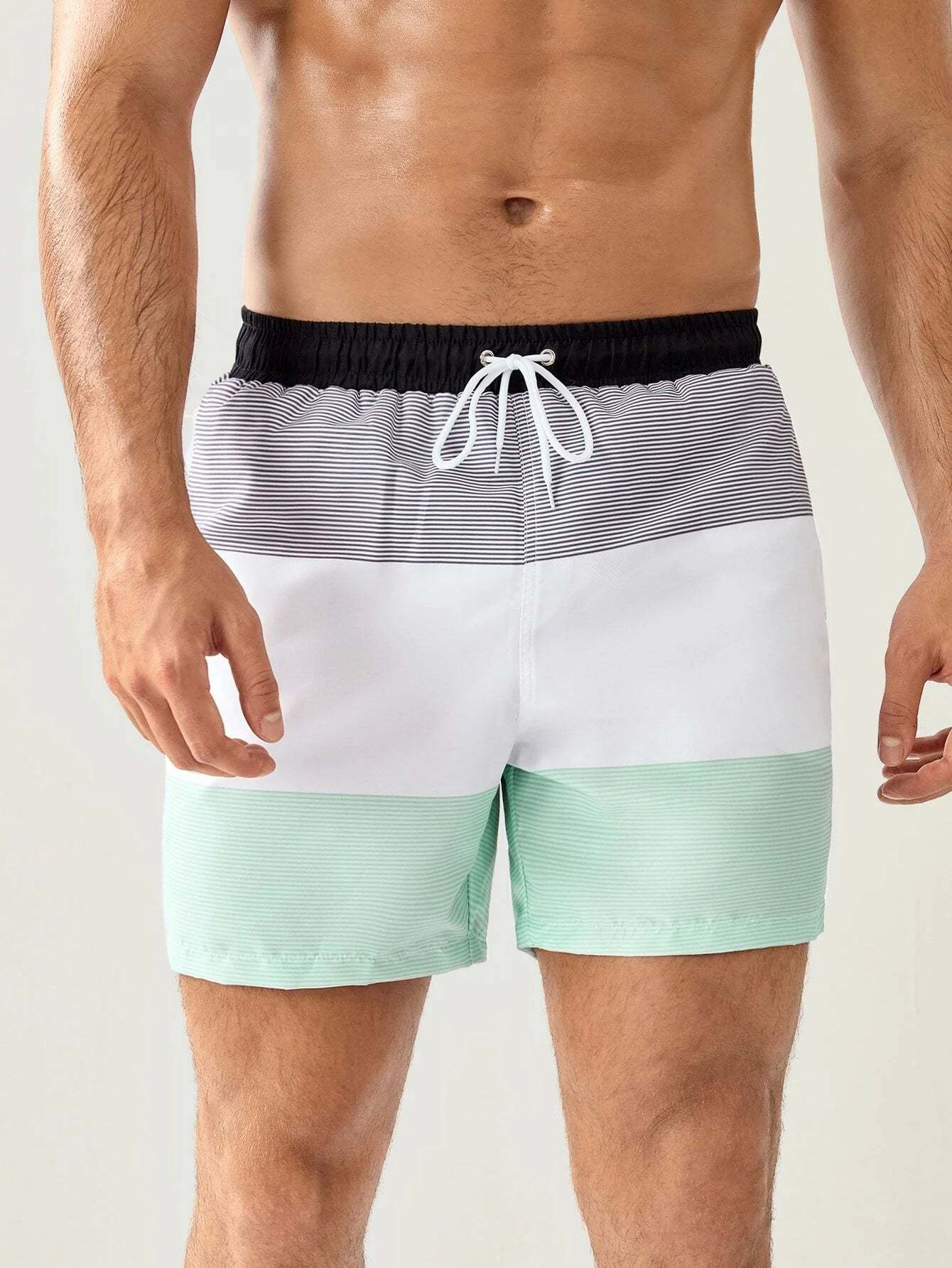 Three Tone Striped Print Swim Shorts-Waves And Trunks