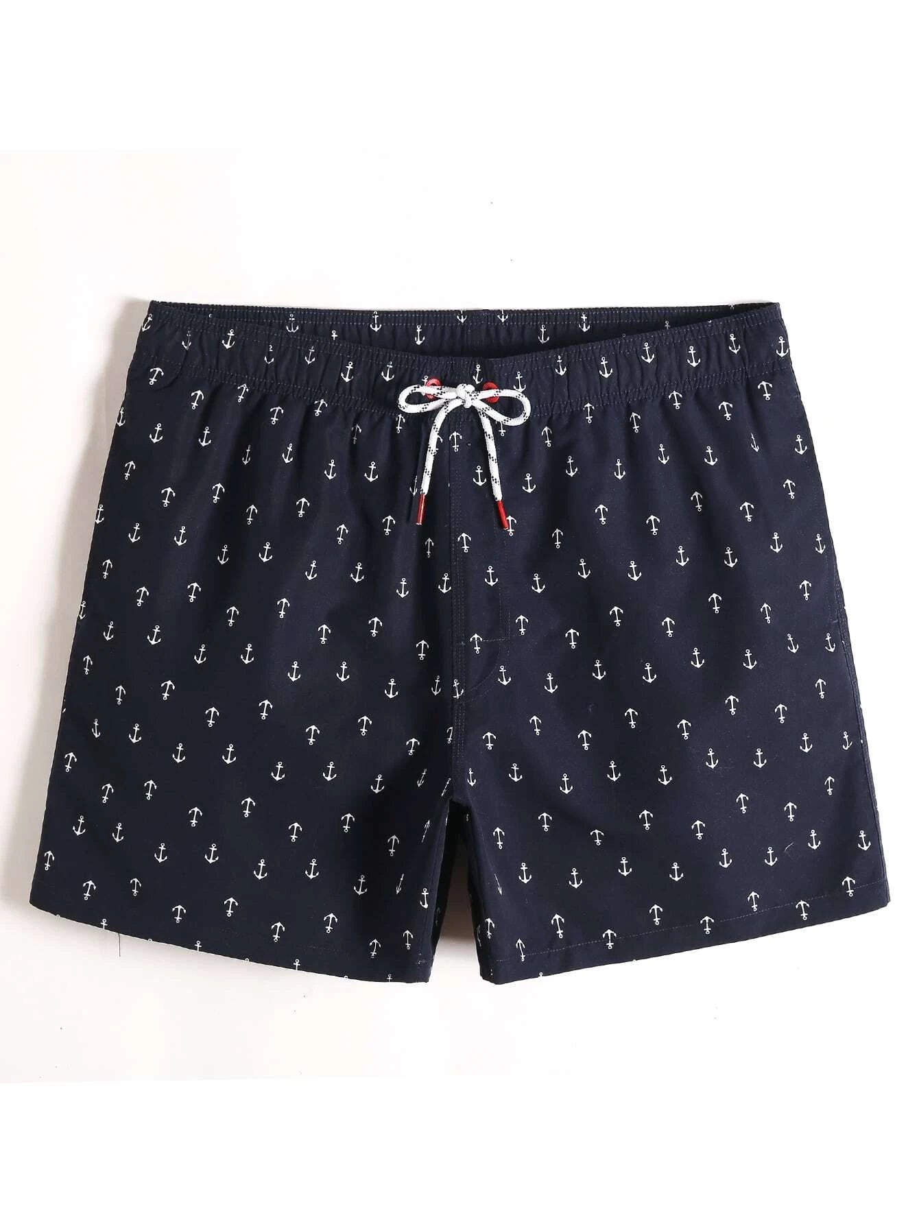 Allover Anchor Print Drawstring Swim Trunks-Waves And Trunks