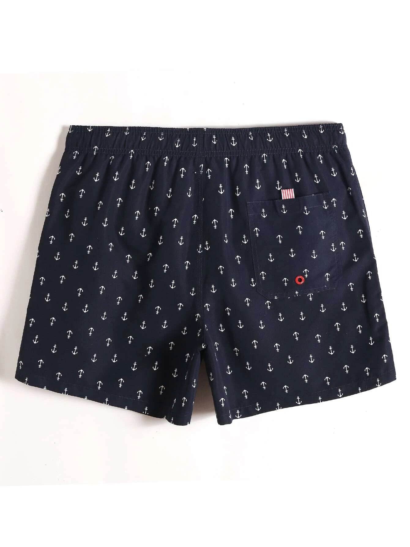 Allover Anchor Print Drawstring Swim Trunks-Waves And Trunks
