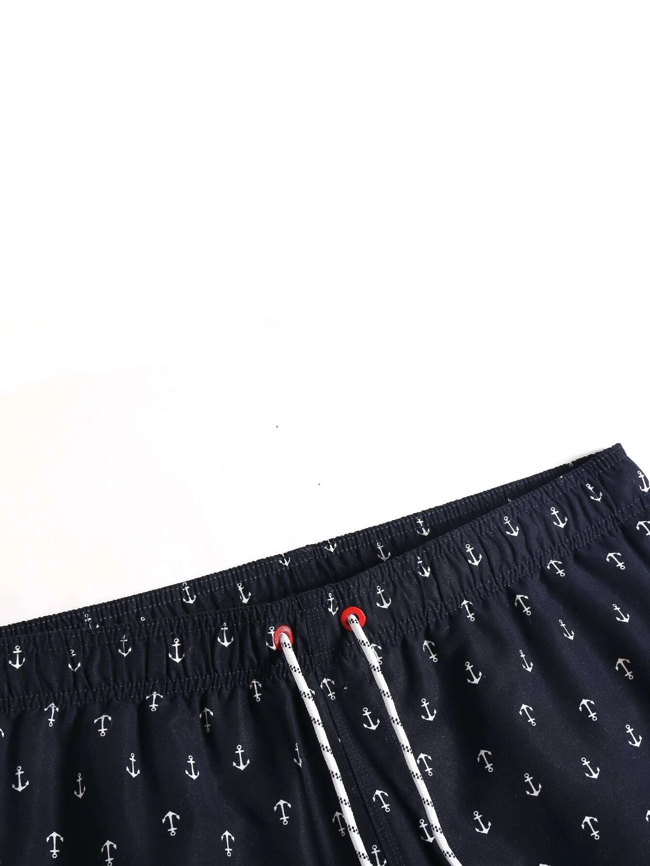 Allover Anchor Print Drawstring Swim Trunks-Waves And Trunks