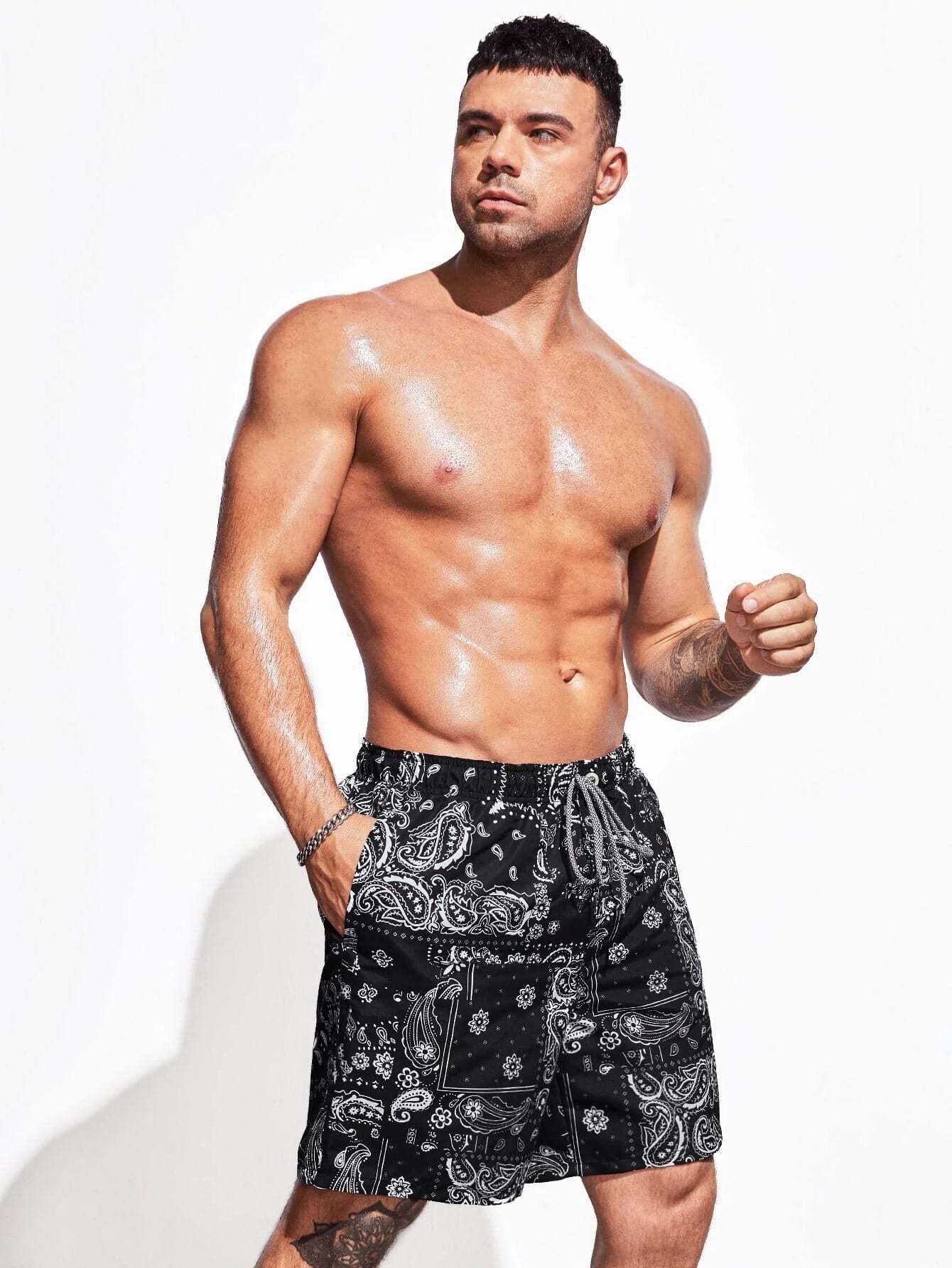 Paisley Scarf Print Swim Trunks-Waves And Trunks