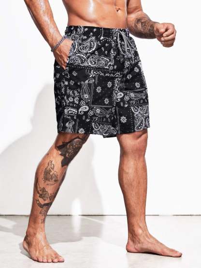 Paisley Scarf Print Swim Trunks-Waves And Trunks