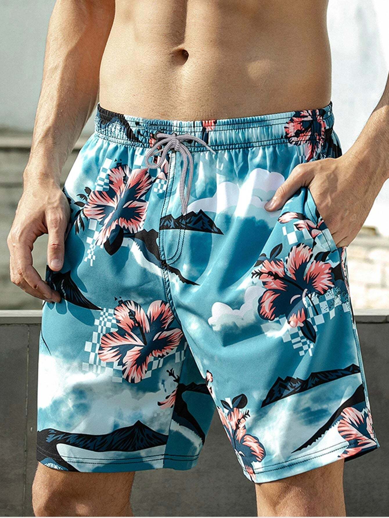 Mountain And Tropical Print Swim Trunks-Waves And Trunks