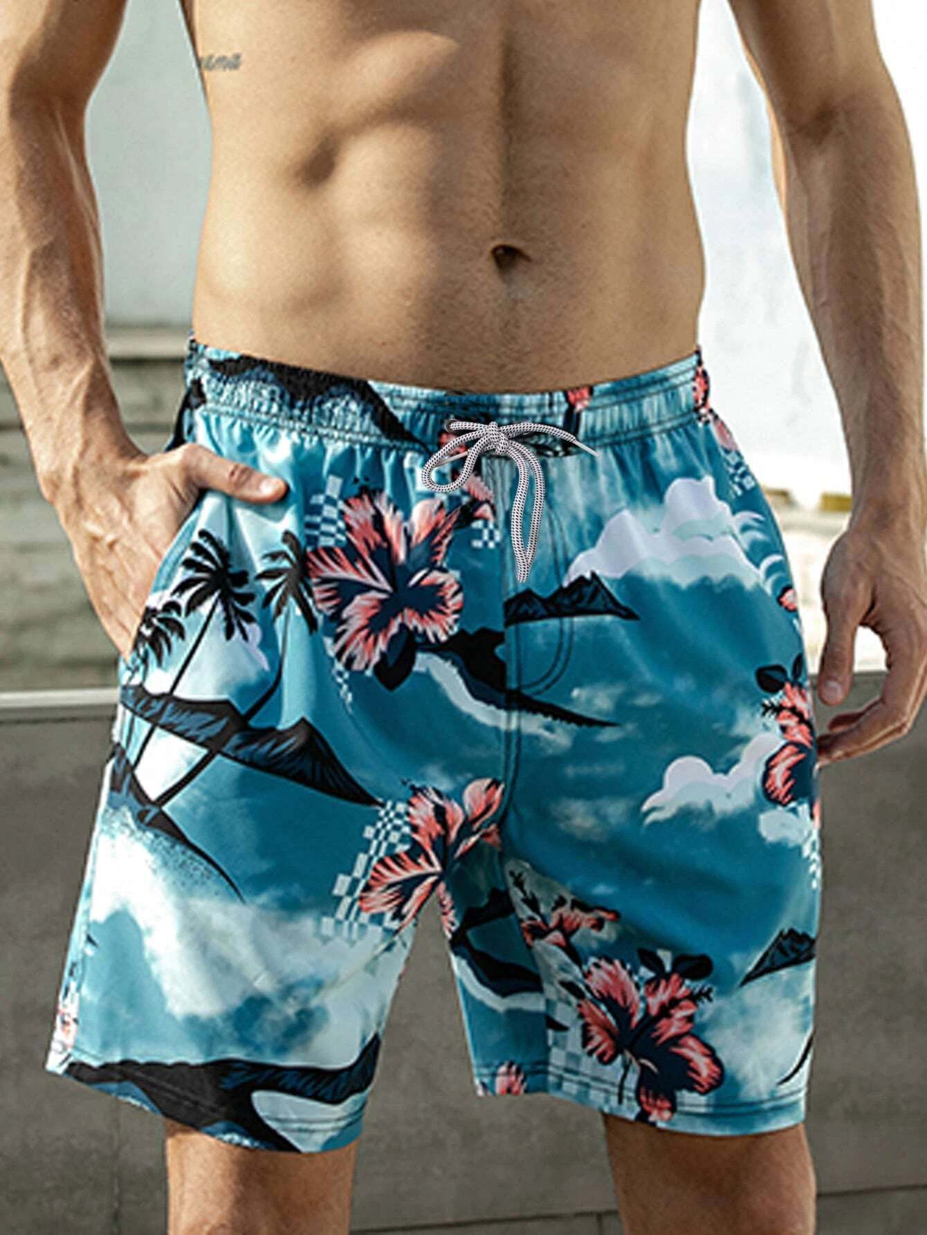 Mountain And Tropical Print Swim Trunks-Waves And Trunks