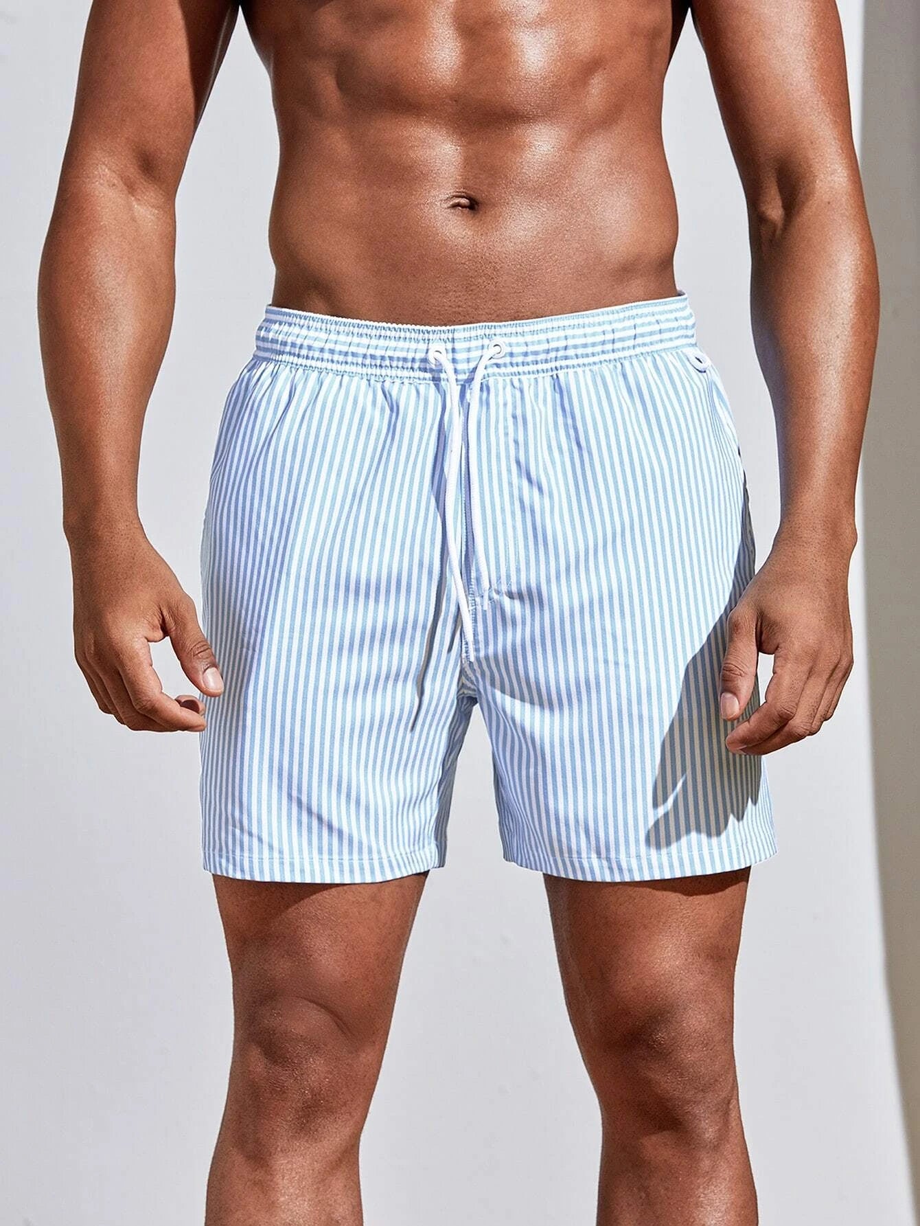 Vertical Striped Drawstring Swim Shorts-Waves And Trunks