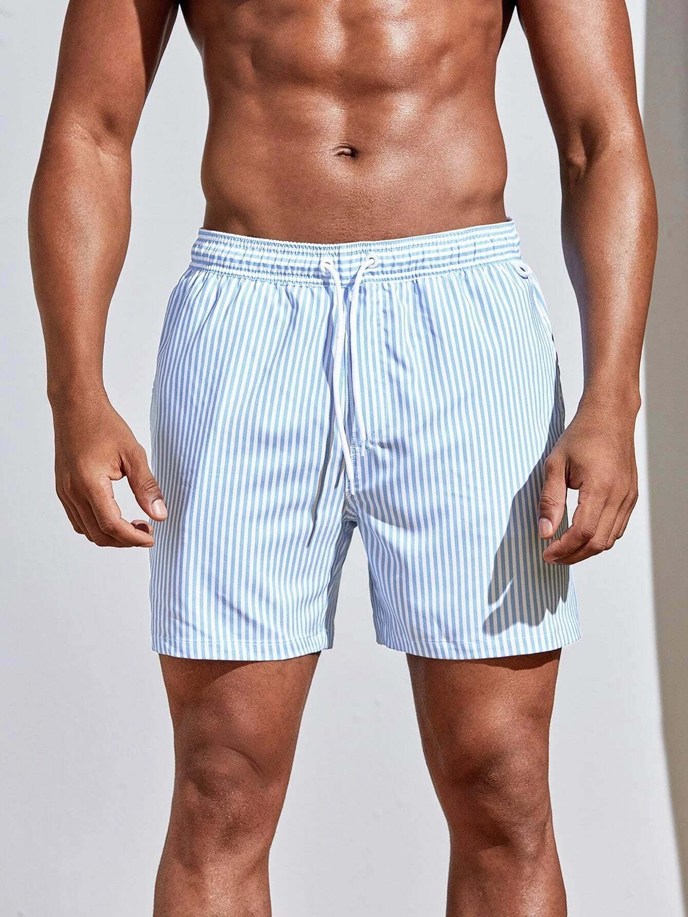 Vertical Striped Drawstring Swim Shorts-Waves And Trunks