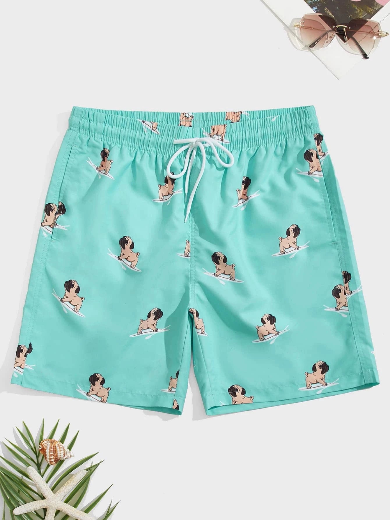 Dog Print Drawstring Waist Swim Shorts-Waves And Trunks