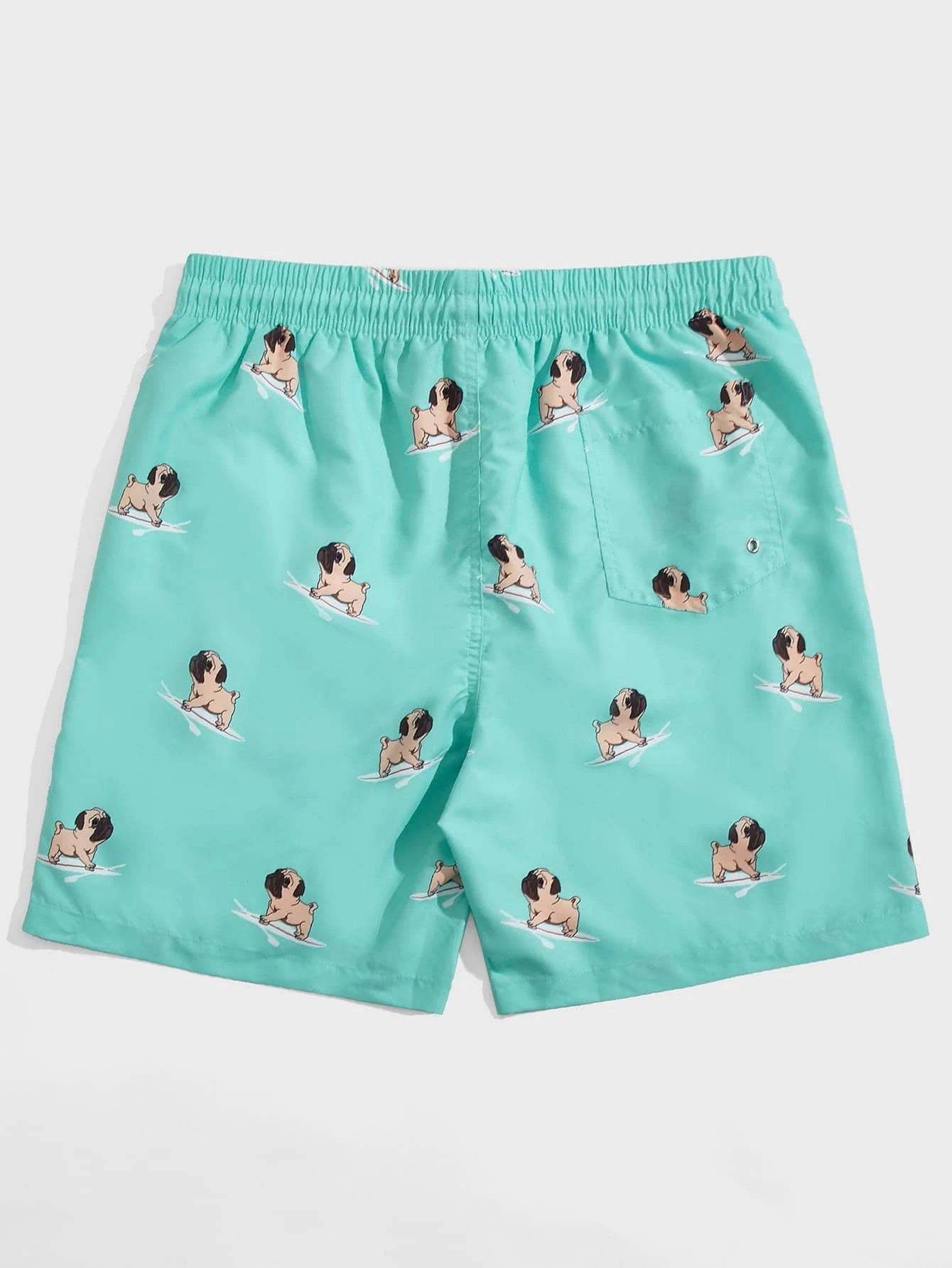 Dog Print Drawstring Waist Swim Shorts-Waves And Trunks