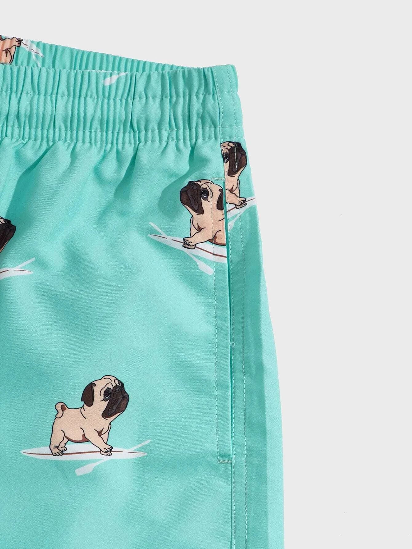 Dog Print Drawstring Waist Swim Shorts-Waves And Trunks