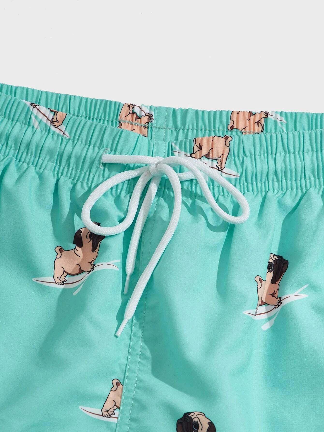 Dog Print Drawstring Waist Swim Shorts-Waves And Trunks