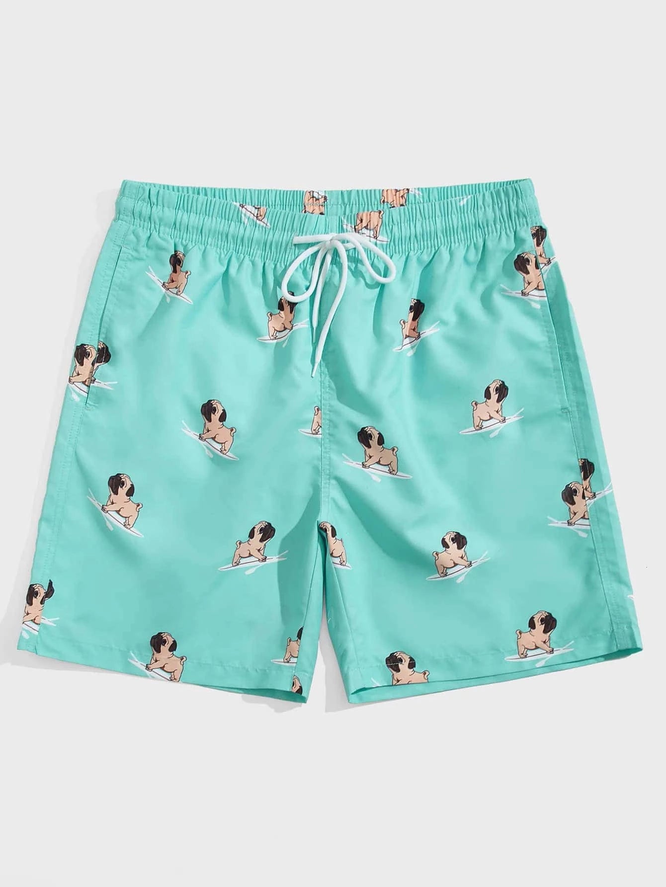 Dog Print Drawstring Waist Swim Shorts-Waves And Trunks