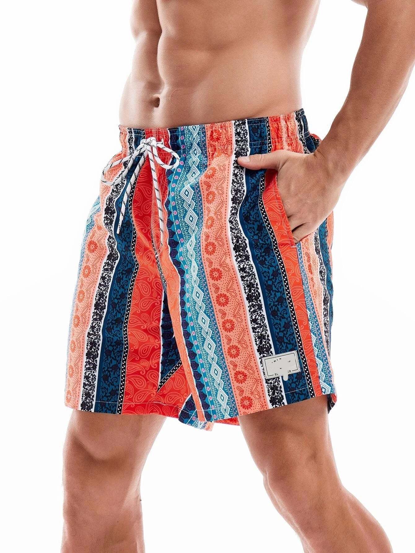 Paisley Print Letter Patched Swim Trunks-Waves And Trunks