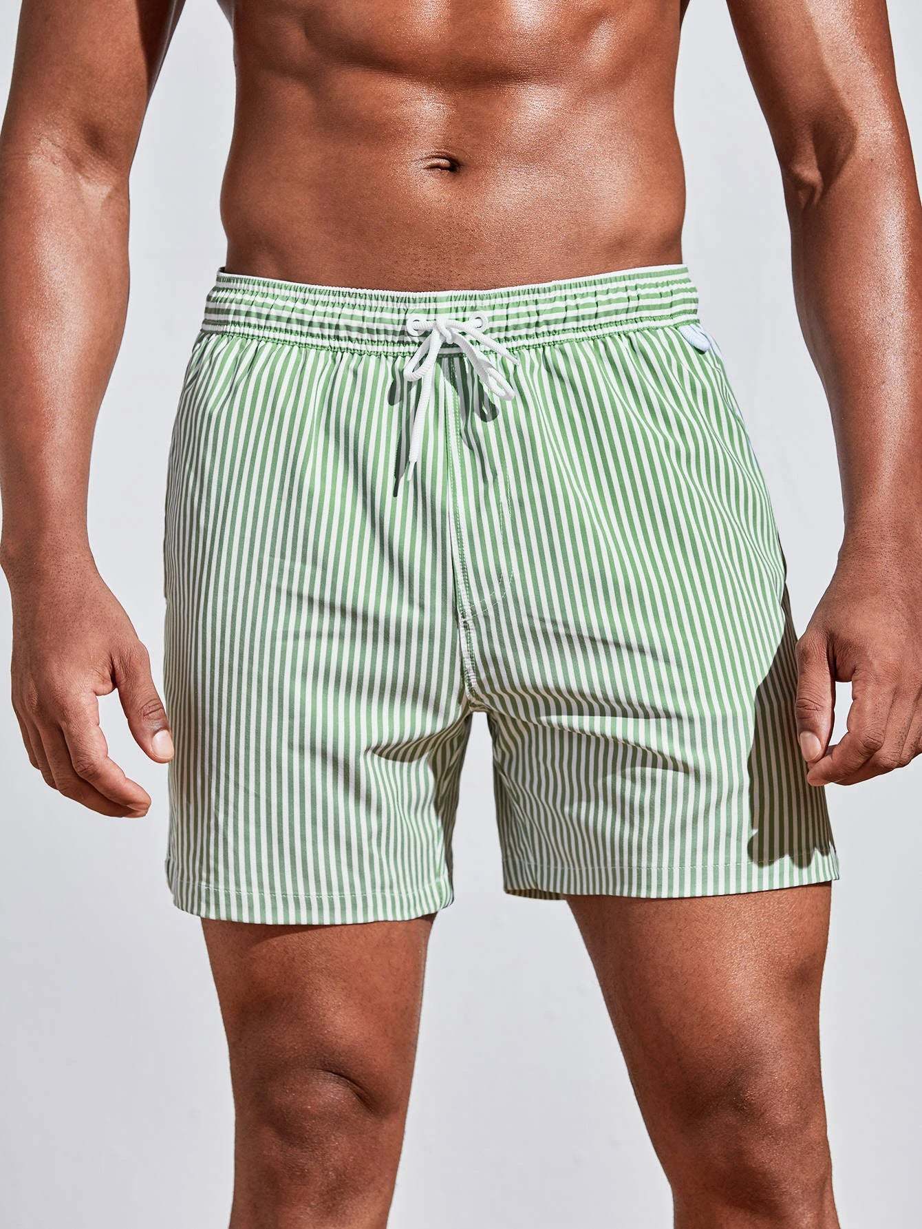 Vertical Striped Drawstring Swim Shorts-Waves And Trunks