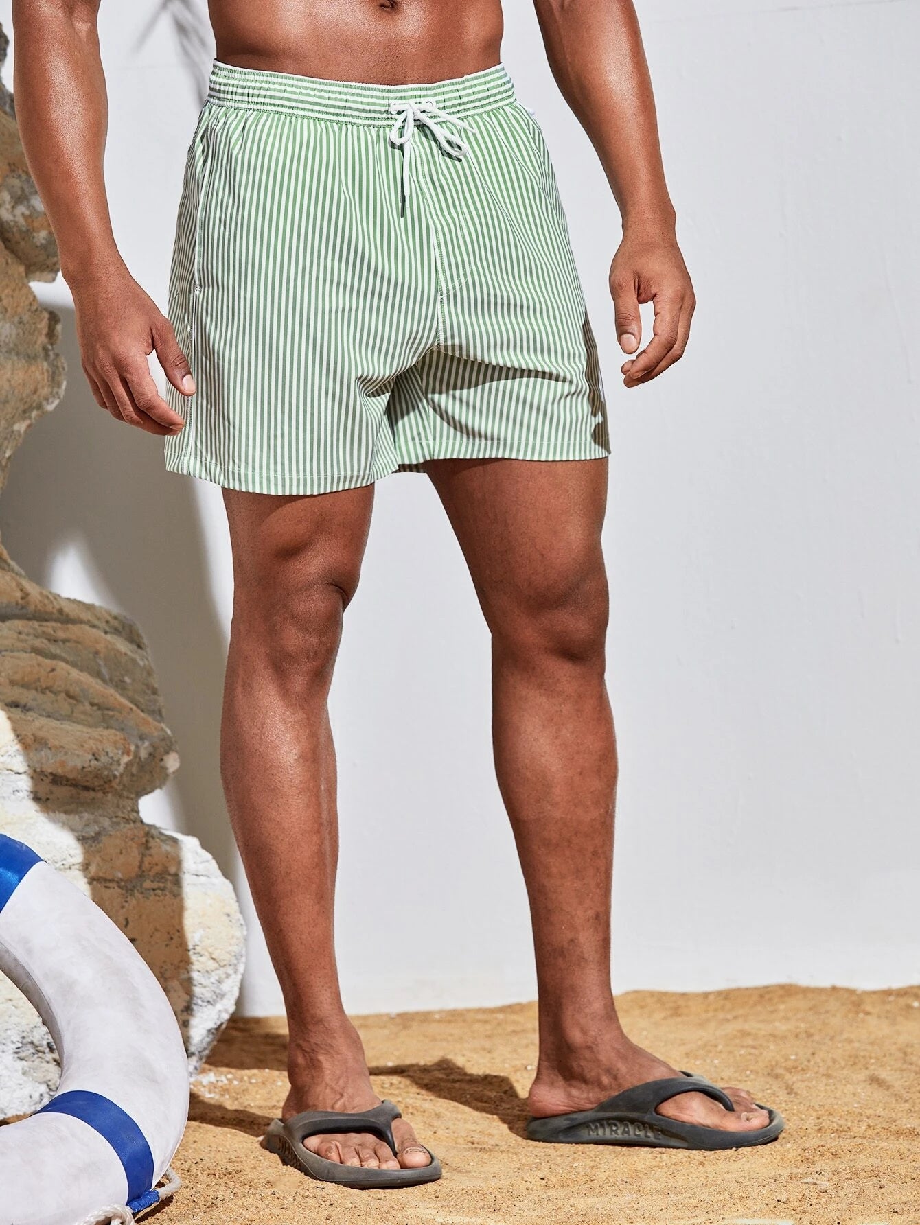 Vertical Striped Drawstring Swim Shorts-Waves And Trunks