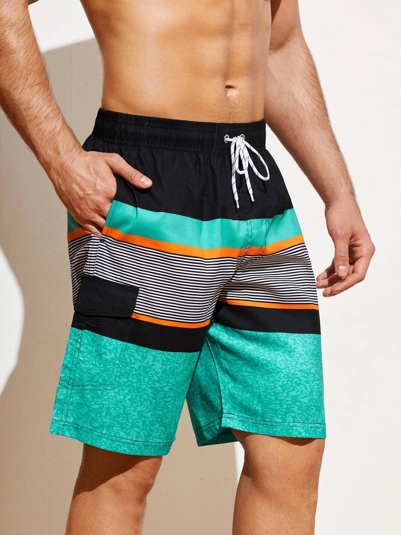 Striped Print Flap Detail Swim Shorts-Waves And Trunks