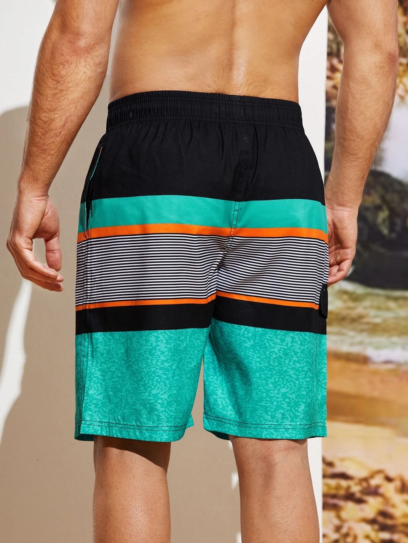 Striped Print Flap Detail Swim Shorts-Waves And Trunks