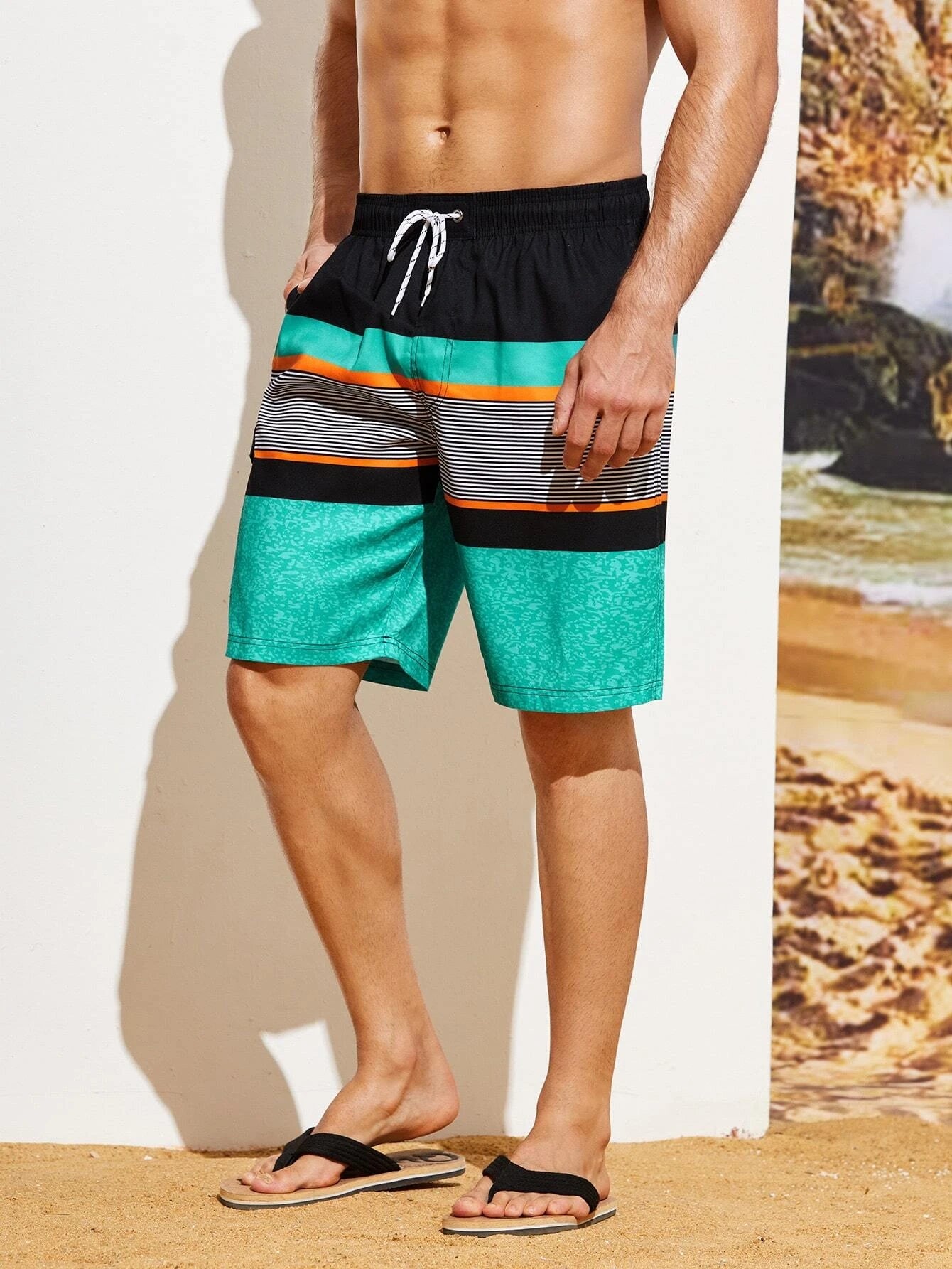 Striped Print Flap Detail Swim Shorts-Waves And Trunks